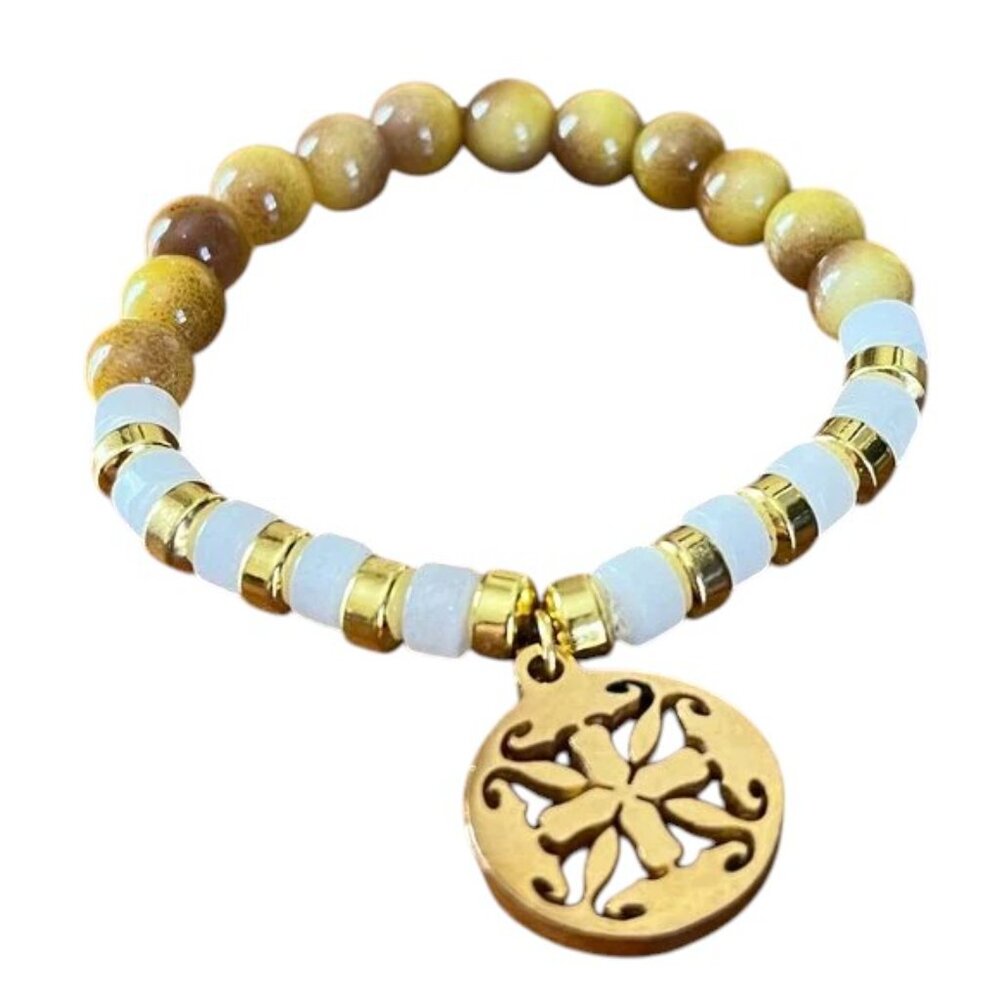 Rustic Cuff Set of Three Delicate Glass Beads Gold Stainless Beaded Stretch